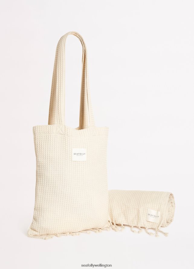 Seafolly Women Waffle Towel & Tote Set Accessories Sand LT08Z8770