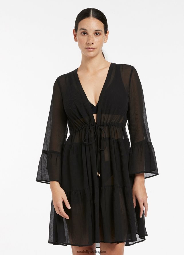Seafolly Women Jetset Tiered Cover Up Kaftan Clothes Black LT08Z8703