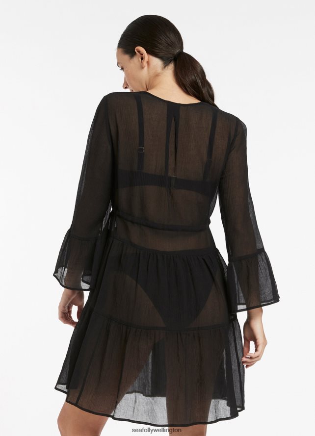 Seafolly Women Jetset Tiered Cover Up Kaftan Clothes Black LT08Z8703