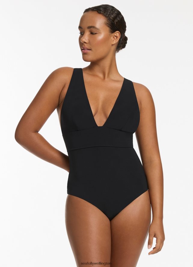 Seafolly Women Jetset Plunge Tie Back One Piece Swimwear Black LT08Z832