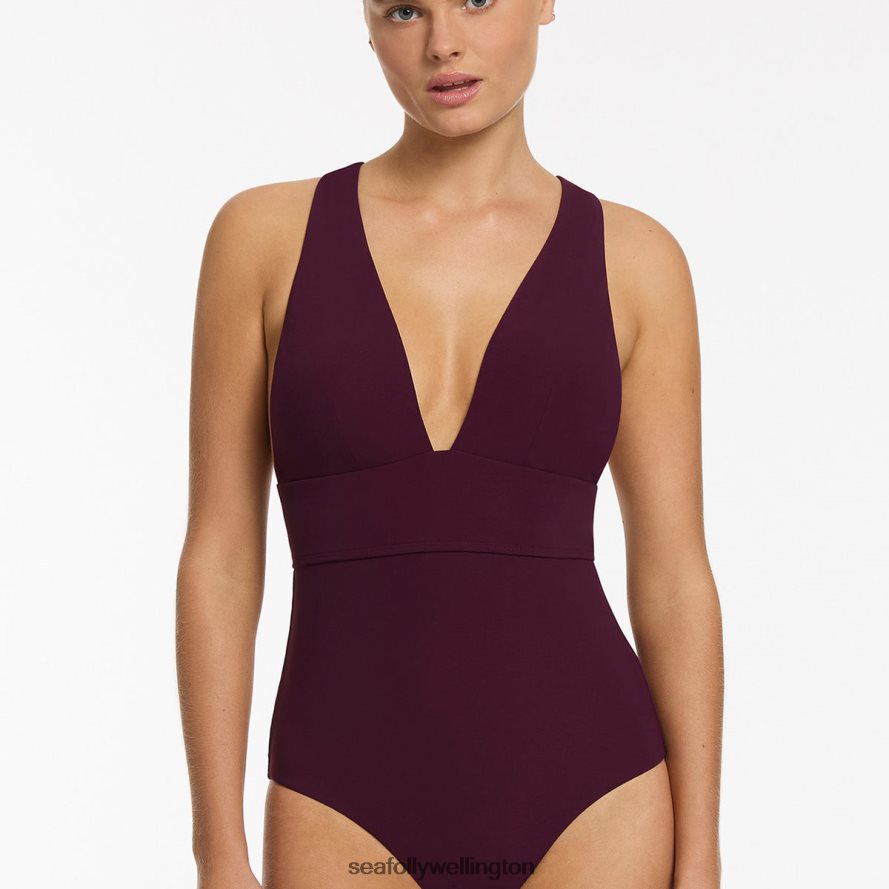 Seafolly Women Jetset Plunge Tie Back One Piece Swimwear Port LT08Z898