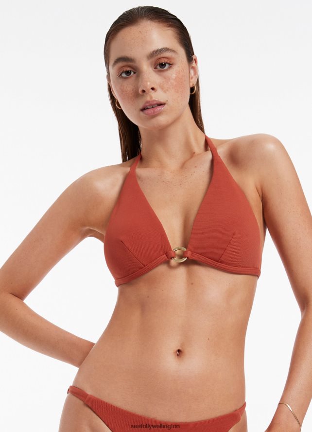 Seafolly Women Isla Rib Halter Triangle Bikini Top Swimwear Russet LT08Z8354