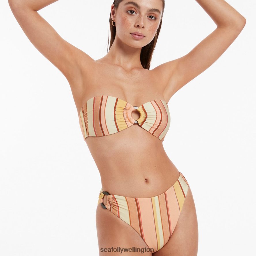 Seafolly Women Fira Stripe High Leg Trim Bikini Bottom Swimwear Marigold LT08Z8451