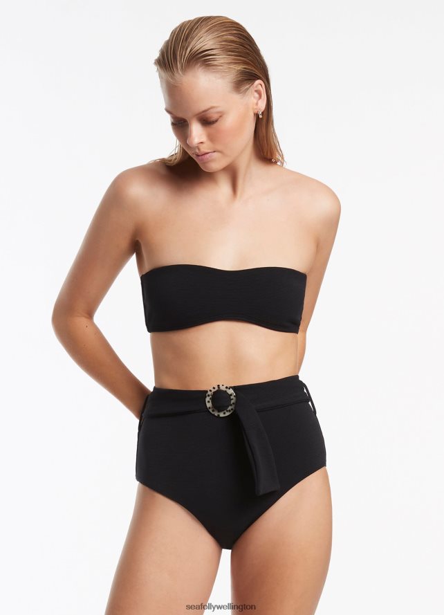 Seafolly Women Isla Rib Belted High Waisted Bikini Bottom Swimwear Black LT08Z8355
