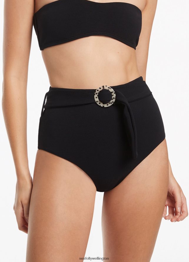 Seafolly Women Isla Rib Belted High Waisted Bikini Bottom Swimwear Black LT08Z8355