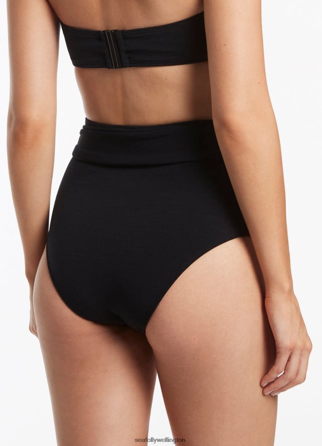 Seafolly Women Isla Rib Belted High Waisted Bikini Bottom Swimwear Black LT08Z8355