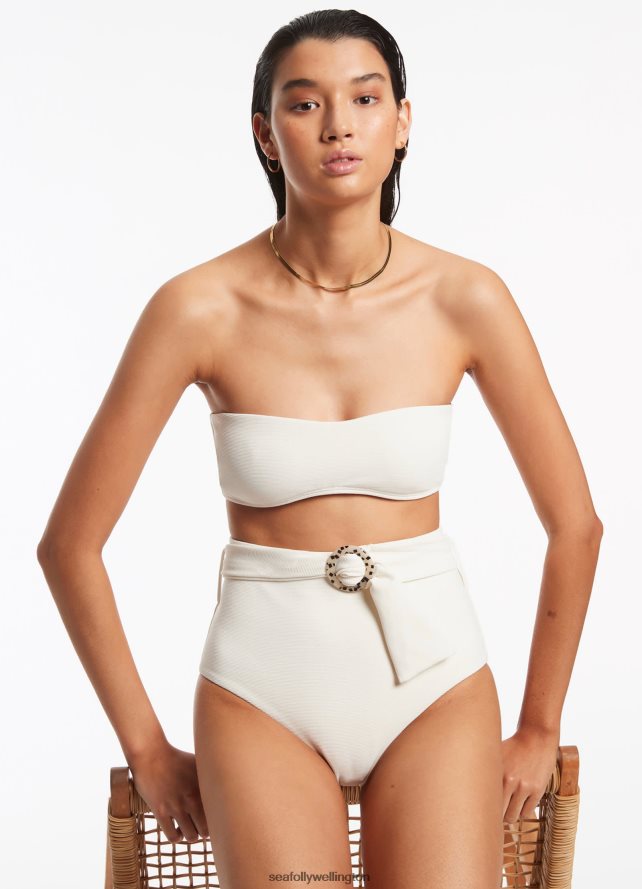 Seafolly Women Isla Rib Belted High Waisted Bikini Bottom Swimwear Cream LT08Z8412