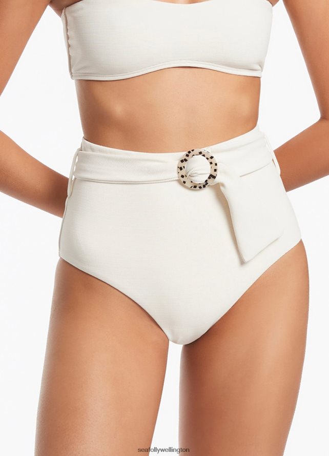 Seafolly Women Isla Rib Belted High Waisted Bikini Bottom Swimwear Cream LT08Z8412