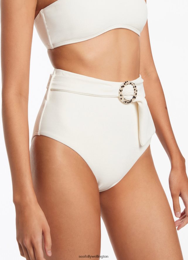 Seafolly Women Isla Rib Belted High Waisted Bikini Bottom Swimwear Cream LT08Z8412