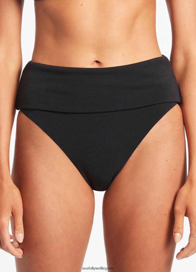 Seafolly Women Isla Rib Fold Down High Waisted Bikini Bottom Swimwear Black LT08Z8334