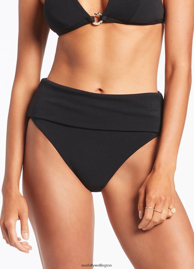 Seafolly Women Isla Rib Fold Down High Waisted Bikini Bottom Swimwear Black LT08Z8334