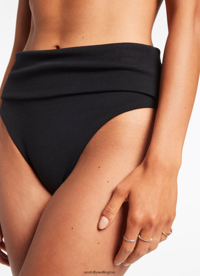 Seafolly Women Isla Rib Fold Down High Waisted Bikini Bottom Swimwear Black LT08Z8334