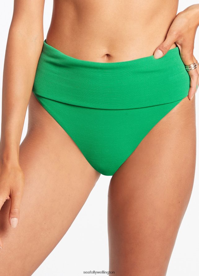Seafolly Women Isla Rib Fold Down High Waisted Bikini Bottom Swimwear Green LT08Z8282