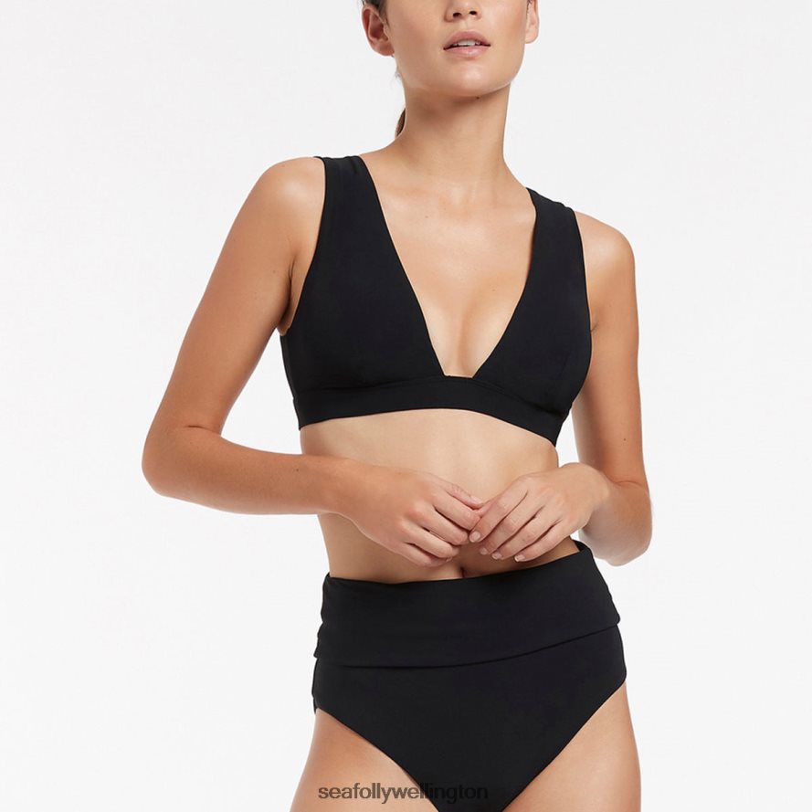 Seafolly Women Jetset Fold Down High Waisted Bikini Bottom Swimwear Black LT08Z8253