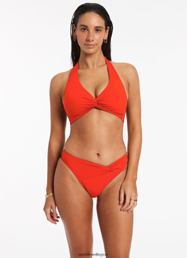 Seafolly Women Jetset Twist Front Bikini Bottom Swimwear Fiamma LT08Z8577