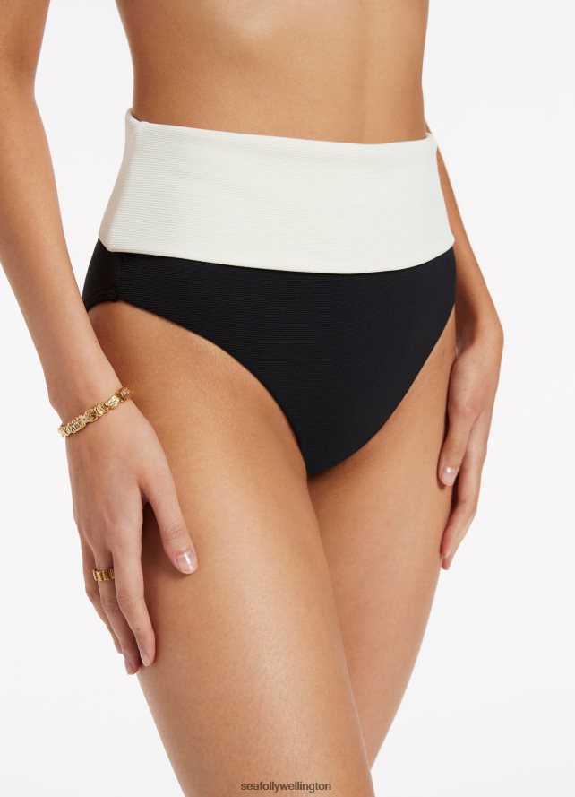 Seafolly Women Versa Rib Fold Down High Waisted Bikini Bottom Swimwear Black/Cream LT08Z8353