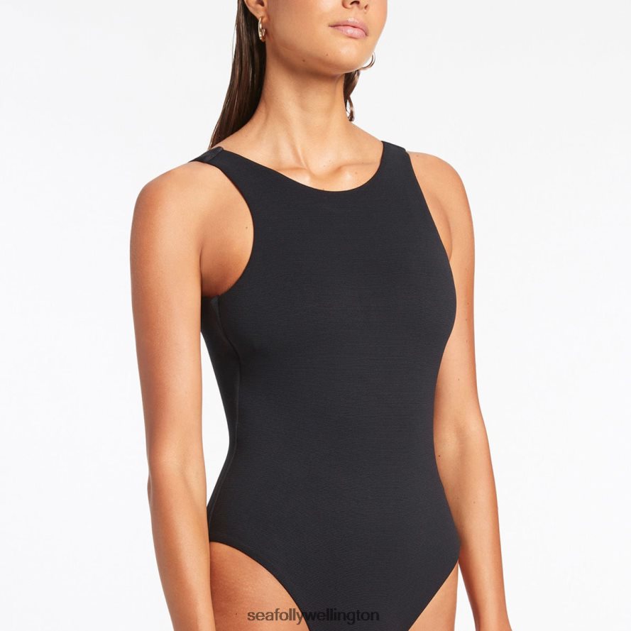 Seafolly Women Isla Rib High Neck One Piece Swimwear Black LT08Z852