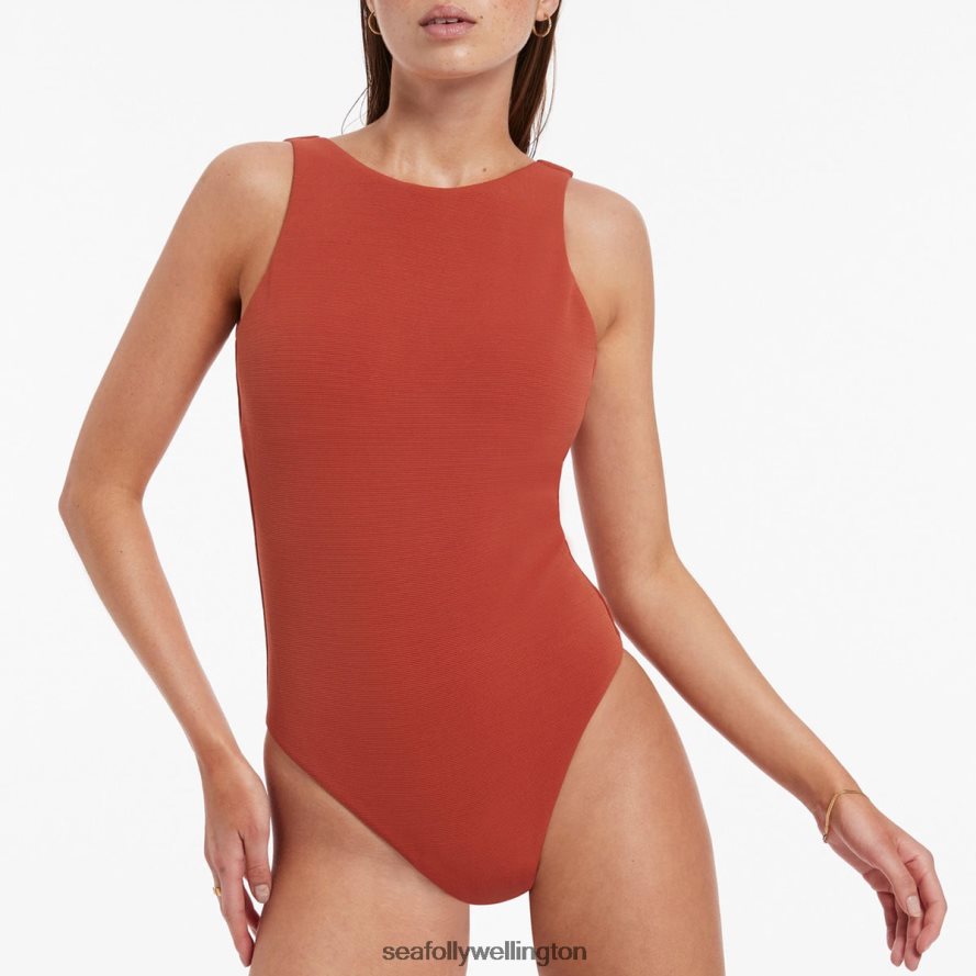 Seafolly Women Isla Rib High Neck One Piece Swimwear Russet LT08Z850