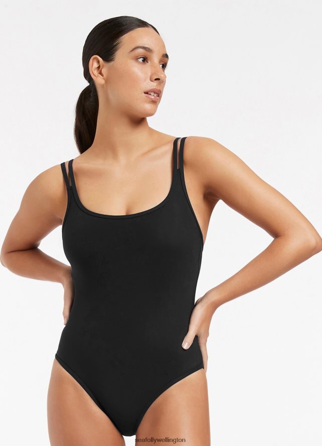 Seafolly Women Jetset Double Strap One Piece Swimwear Black LT08Z855