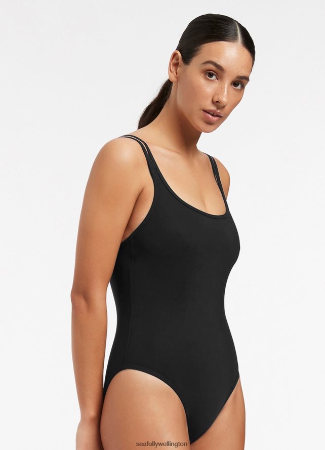 Seafolly Women Jetset Double Strap One Piece Swimwear Black LT08Z855