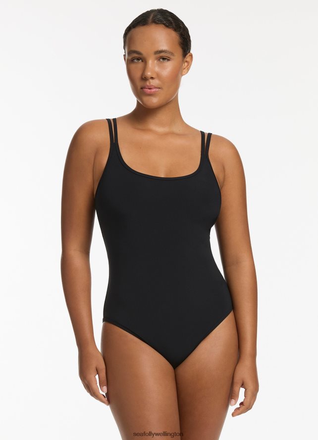 Seafolly Women Jetset Double Strap One Piece Swimwear Black LT08Z855