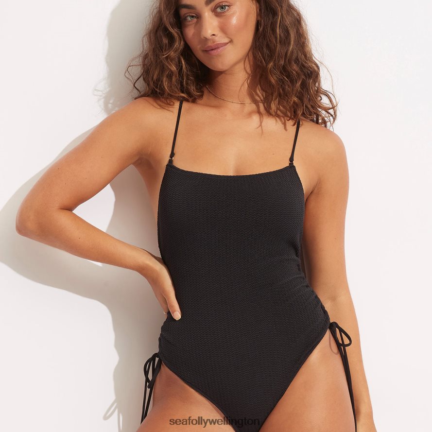 Seafolly Women Sea Dive Scoop Neck Drawstring Side One Piece Swimwear Black LT08Z866