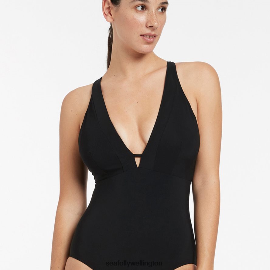 Seafolly Women Jetset E-F Clean Plunge One Piece Swimwear Black LT08Z831