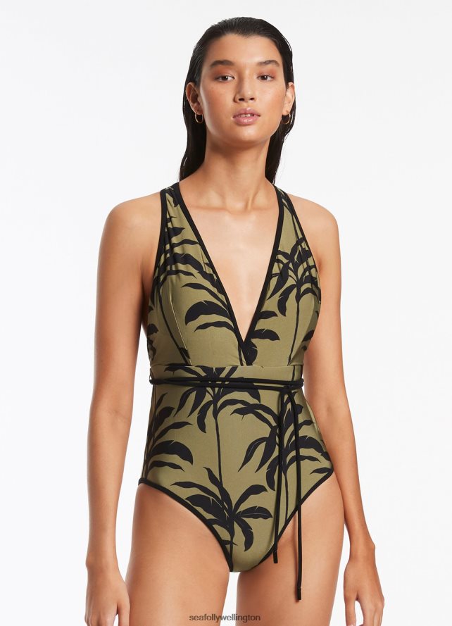 Seafolly Women Palme Plunge One Piece Swimwear Olive LT08Z8106