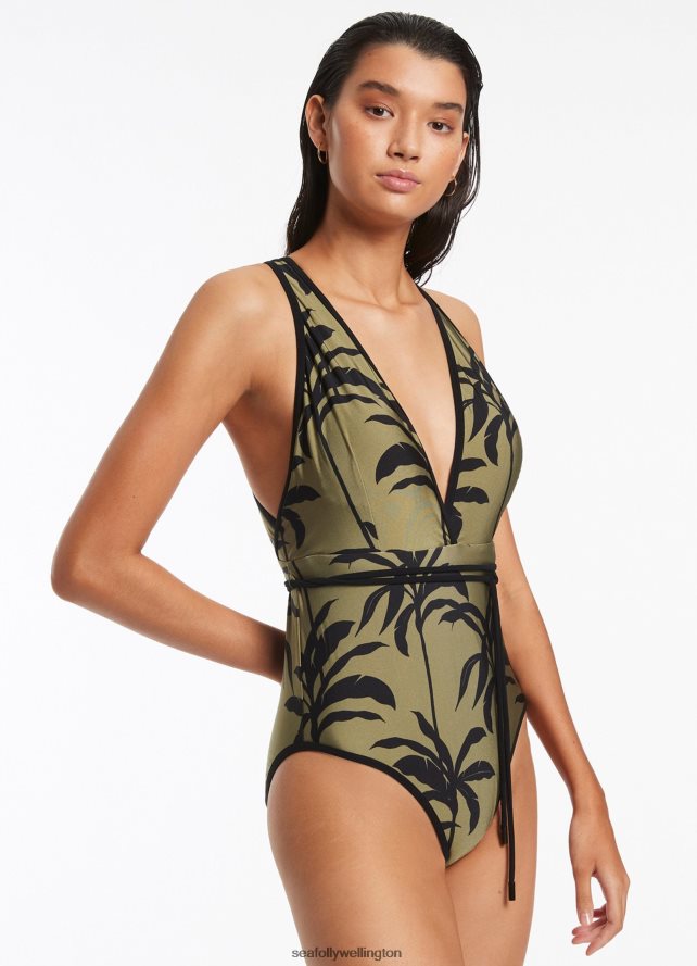 Seafolly Women Palme Plunge One Piece Swimwear Olive LT08Z8106