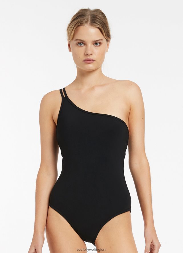 Seafolly Women Jetset Double Strap One Shoulder One Piece Swimwear Black LT08Z8147