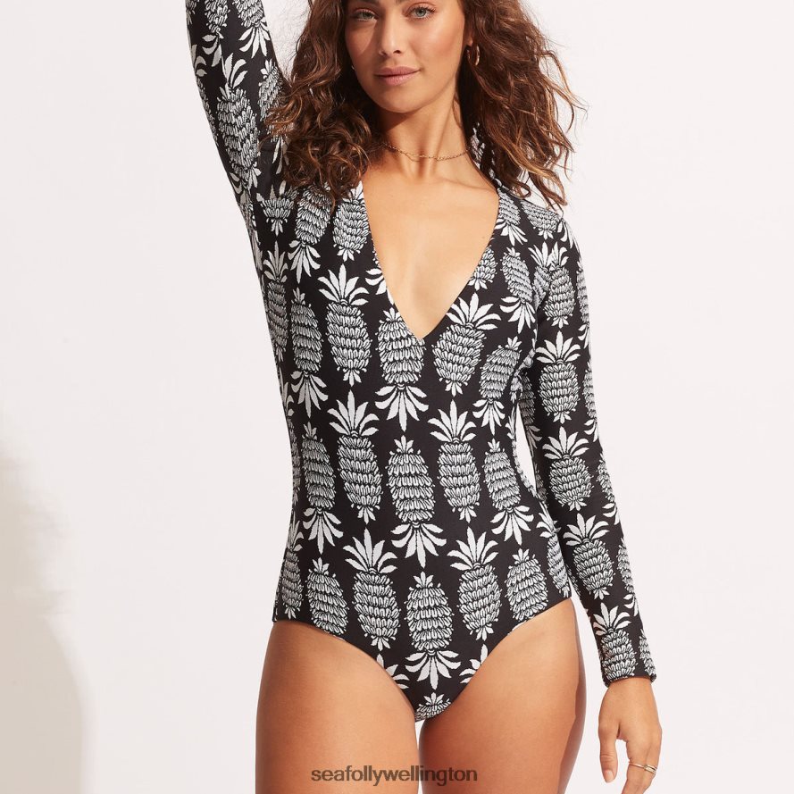 Seafolly Women Corsica V Neck Long Sleeve Surfsuit Swimwear Black LT08Z8124