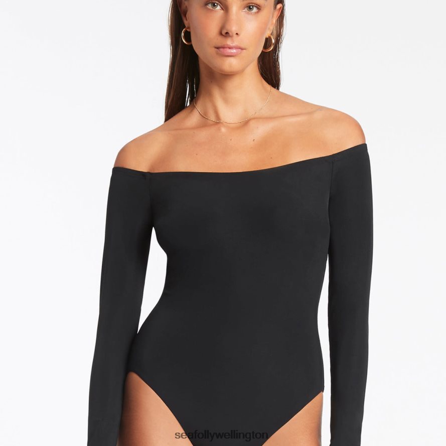 Seafolly Women Jetset Off Shoulder Surfsuit Swimwear Black LT08Z886