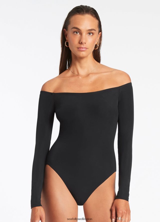 Seafolly Women Jetset Off Shoulder Surfsuit Swimwear Black LT08Z886